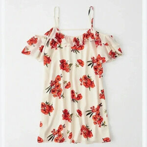 Abercrombie And Fitch Cold Shoulder Red White Floral Ruffle Mini Dress Size M